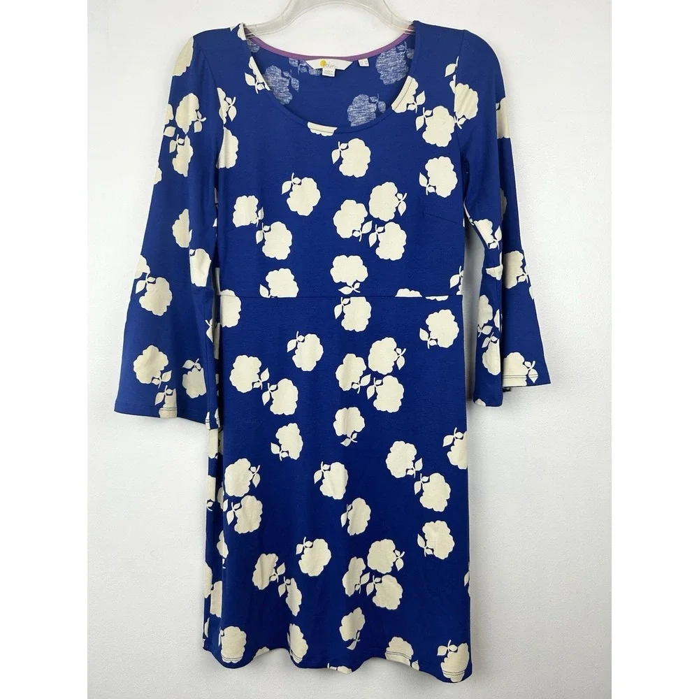 Boden Dress Womens 4 R Blue Floral Bell Sleeve Mini Vacation Comfort Travel
